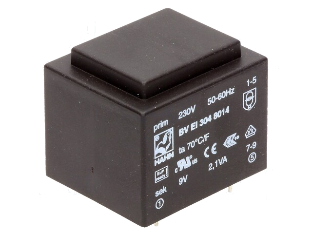 Transformator: ingegoten; 2,1VA; 230VAC; 9V; 233mA; PCB; BVEI Transformator: ingegoten; 2,1VA; 230VAC; 9V; 233mA; PCB; BVEI